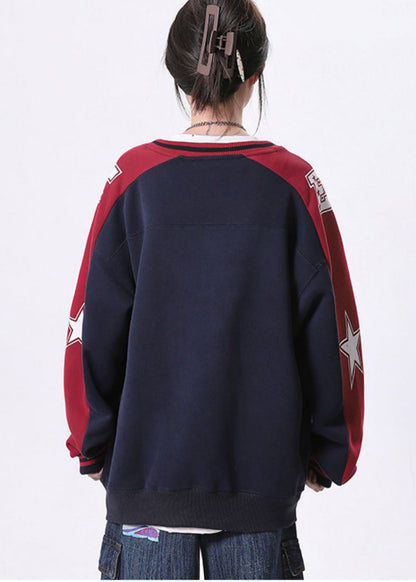 Diy Navy Zip Up Patchwork Cotton Pullover Spring