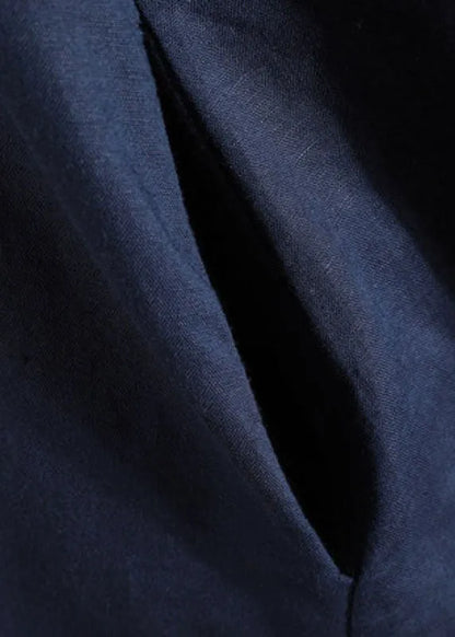 Diy Navy Stand Collar Asymmetrical Design Button Cotton Long Shirt Short Sleeve