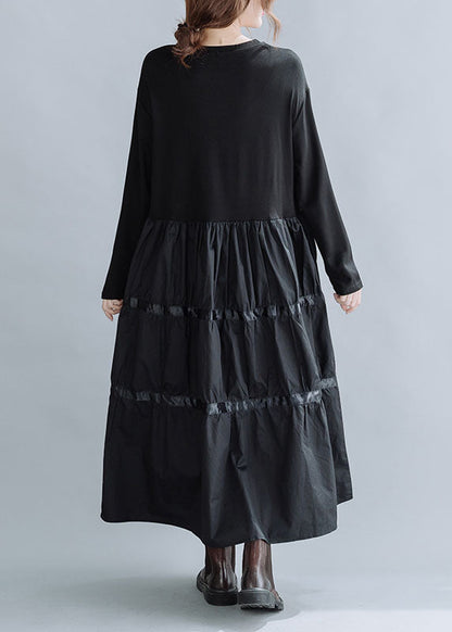 Black O-neck Patchwork Cotton Dress Spring