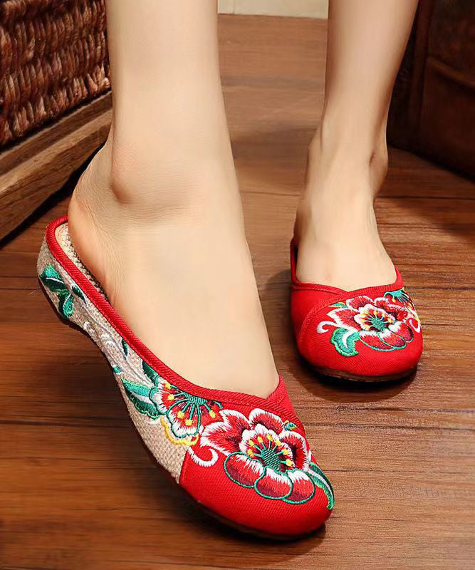 Green Cotton Fabric Retro Embroidery Splicing Slide Sandals Soofairy Shoes-20251