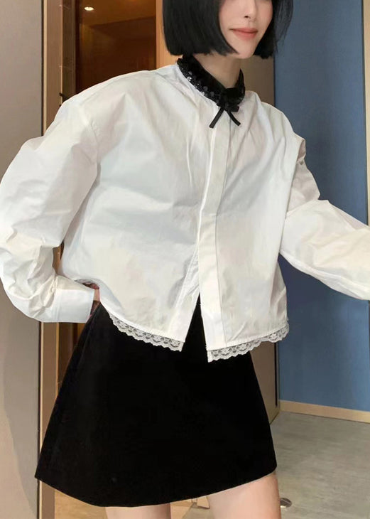 French White Lace Patchwork Cotton Blouse Long Sleeve