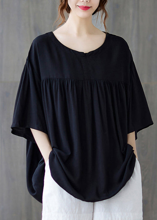 Black O-neck Wrinkled Cotton Tank Tops Half Sleeve