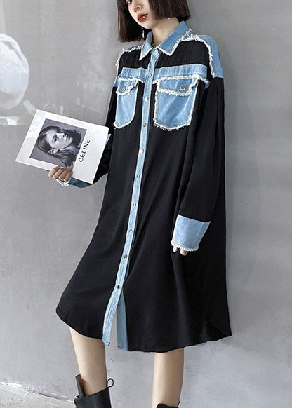 Black Pockets Patchwork Button Fall Dresses Long Sleeve