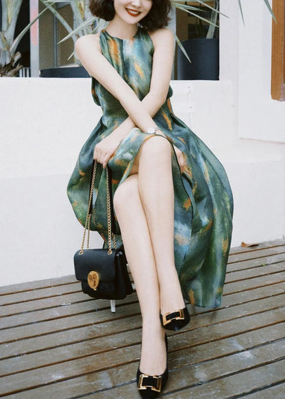 French Green Print High Waist Silk Long Dress Sleeveless Summer