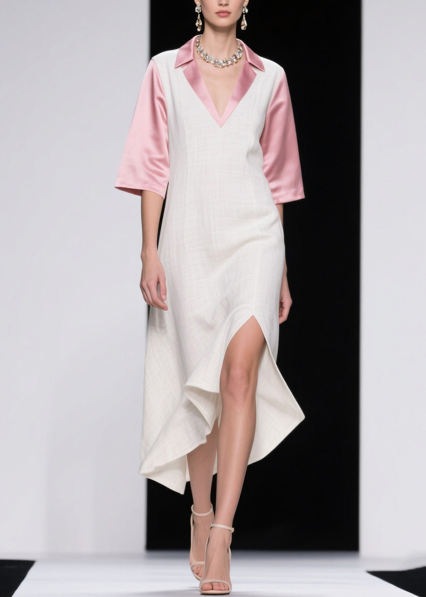 Colorblock Asymmetrical Patchwork Linen Silk Dresses Summer