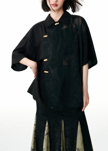Black Peter Pan Collar Embroideried Patchwork Tulle Blouses Fall