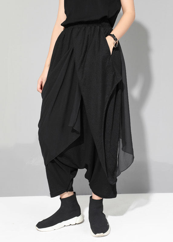 Black Chiffon Patchwork Asymmetrical Design Fall Pants