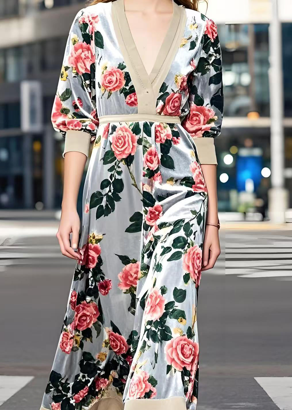 Light Grey Cinched Silk Velour Maxi Dress Spring