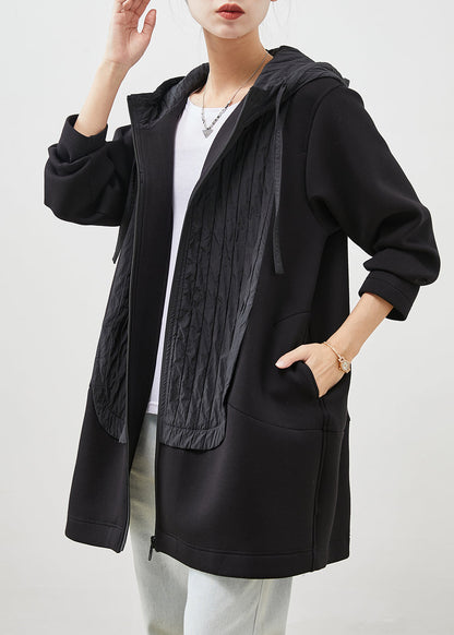 Black Hooded Patchwork Cotton Coat Outwear Spring