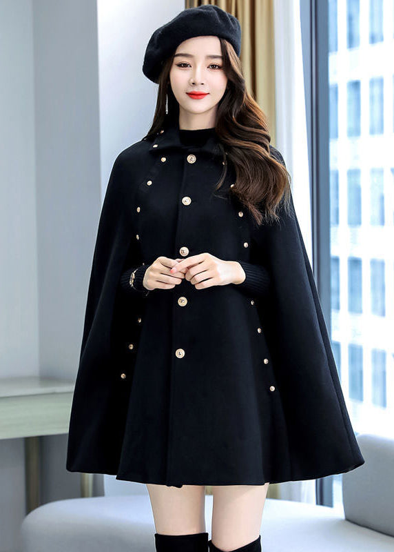 Black Rivet Button Thick Woolen Cape Coat Sleeveless