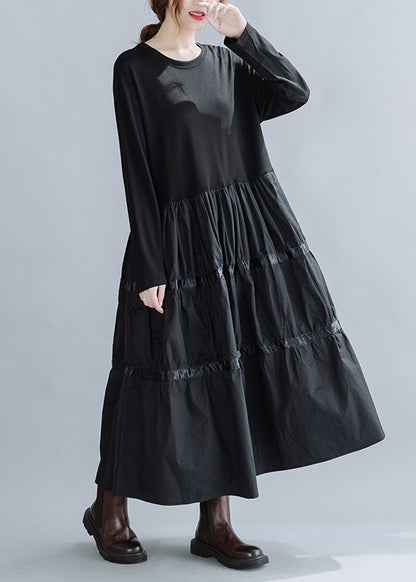 Loose Black O-neck Patchwork Cotton Holiday Dress Spring