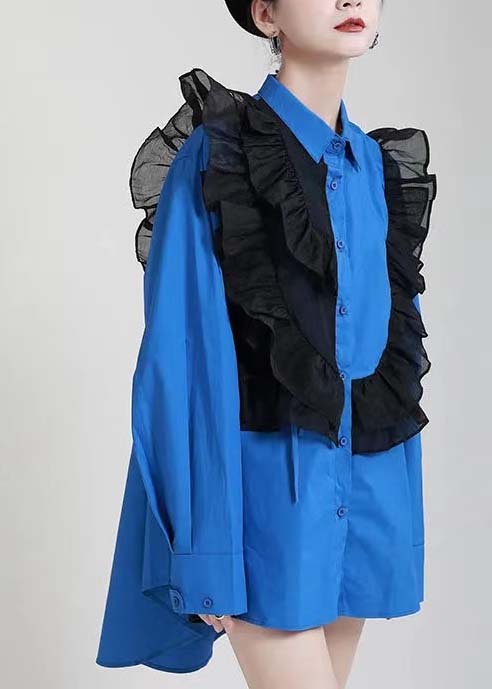 Stylish Black Peterpan Collar Button Ruffles Asymmetrical Design Fall Top Long Sleeve