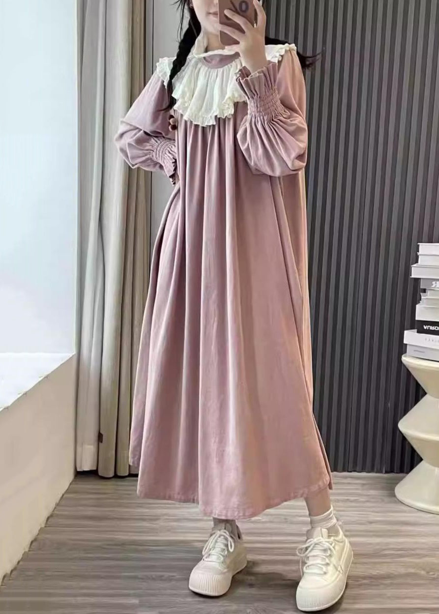 Pink Ruffled Patchwork Cotton Long Dresses Spring