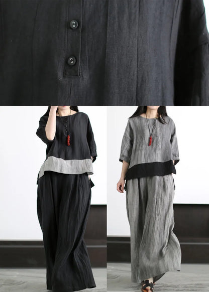 Grey O-neck Patchwork Linen Two Piece Set Outfits Half Sleeve
