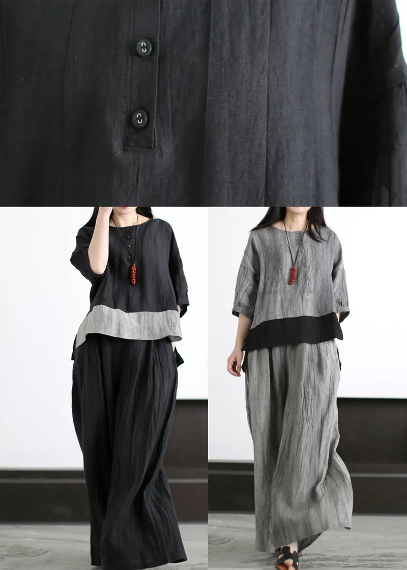 Grey O-neck Patchwork Linen Two Piece Set Outfits Half Sleeve
