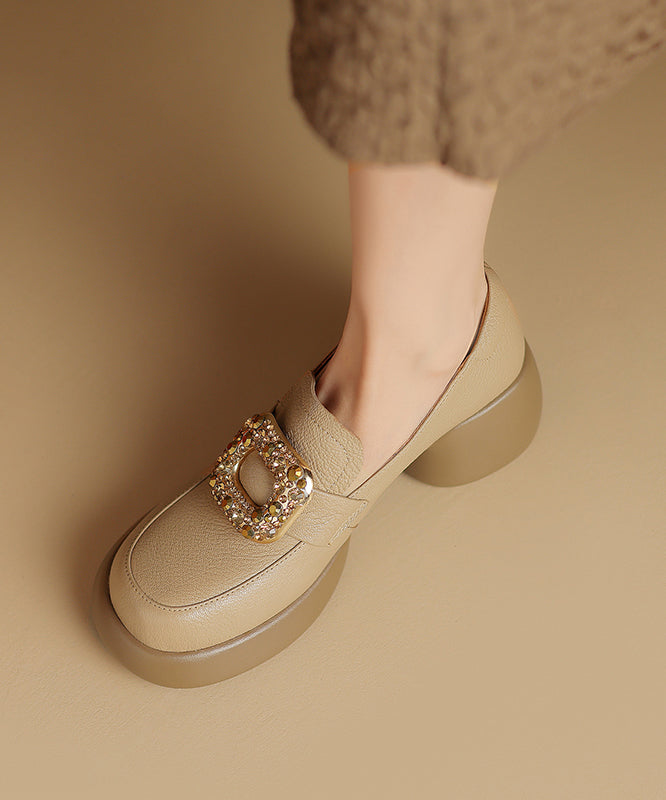 Apricot Chunky Sheepskin Soft Splicing Zircon Loafers for