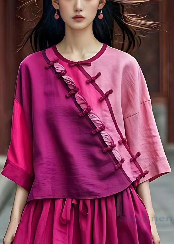 Pink Asymmetrical Button Cotton Shirt Batwing Sleeve