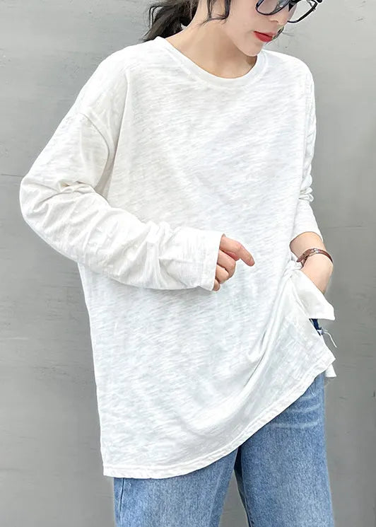 Style White O-neck Asymmetrical Design Cotton Top Long Sleeve