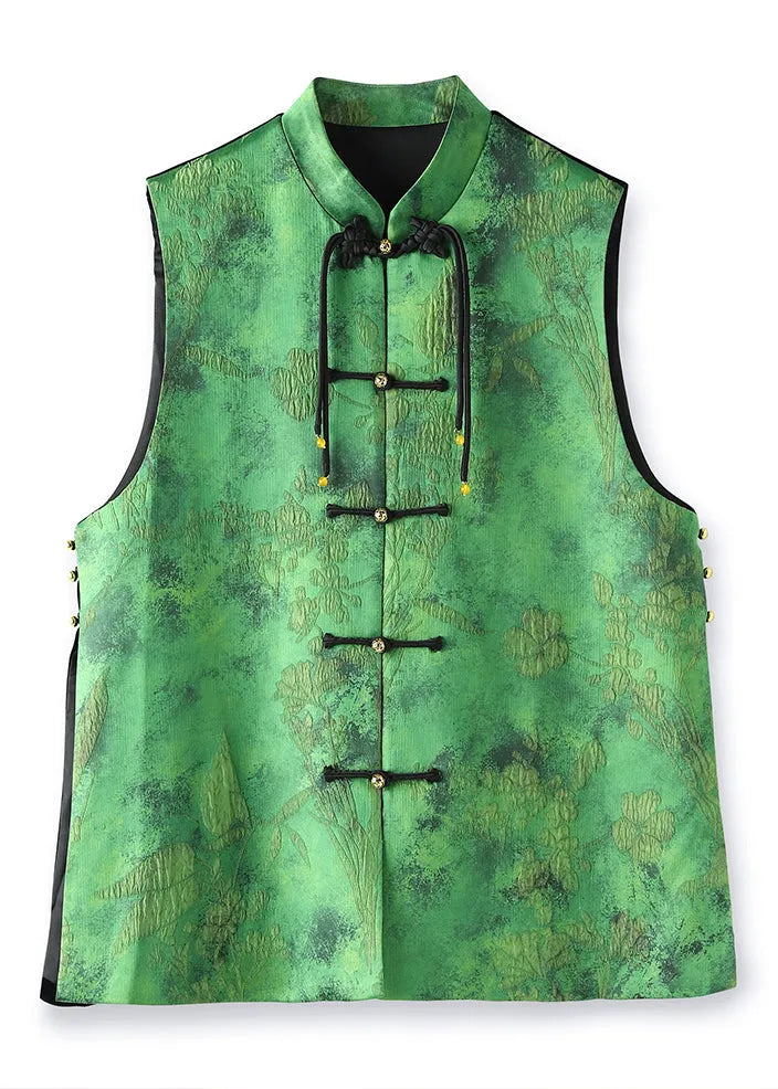 Green Tasseled Jacquard Patchwork Silk Vest Sleeveless