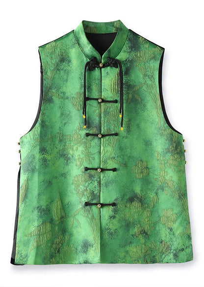 Green Tasseled Jacquard Patchwork Silk Vest Sleeveless