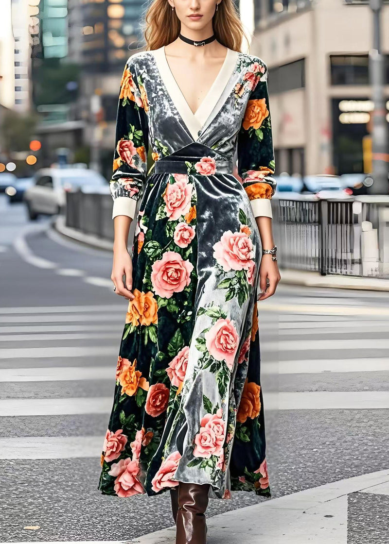 Silm Fit V Neck Patchwork Silk Velour Robe Dresses Spring