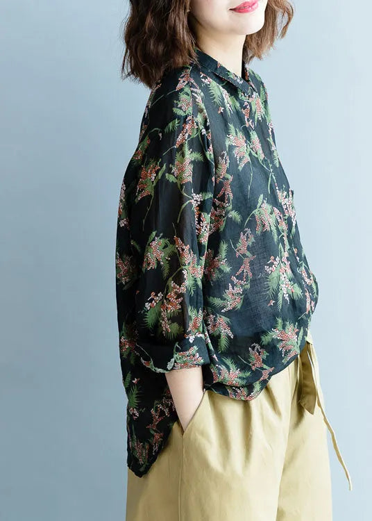Black Peter Pan Collar Print Linen Shirt Tops Fall