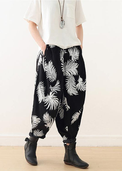 White Print Elastic Waist Cotton Pants