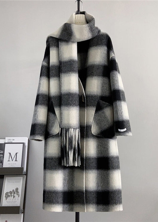 Black V Neck Pockets Plaid Wool Coats Winter