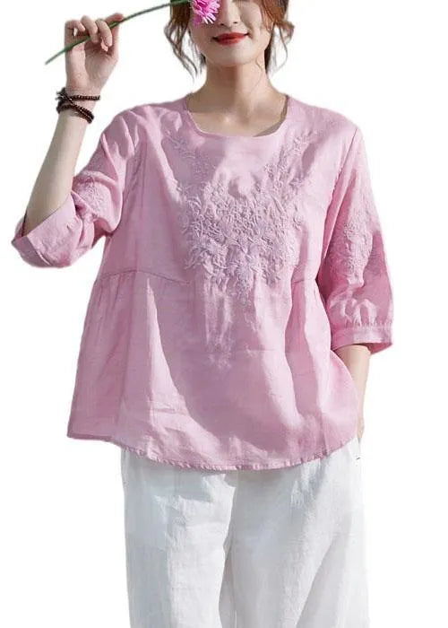 Art Pink O-neck Embroideried Patchwork Summer Ramie Shirt Top Half Sleeve