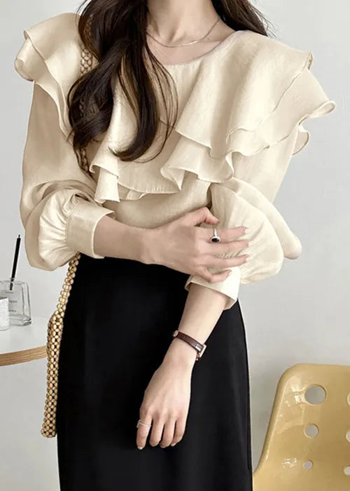 Art Beige Original Design Layered Cotton Blouses Fall