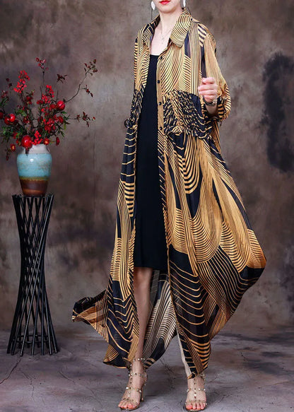 Yellow Peter Pan Collar Wrinkled Striped Print Chiffon Long Shirt Half Sleeve