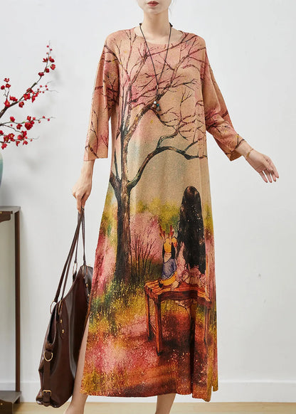 Khaki Oversized Print Knit Long Dresses Fall
