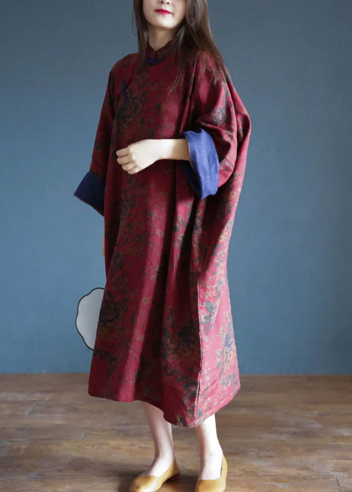 Red Print Chinese Style Cotton Long Dress Spring