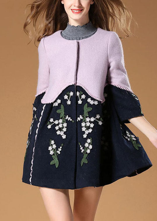 Purple Patchwork Embroideried Fall Woolen Coat
