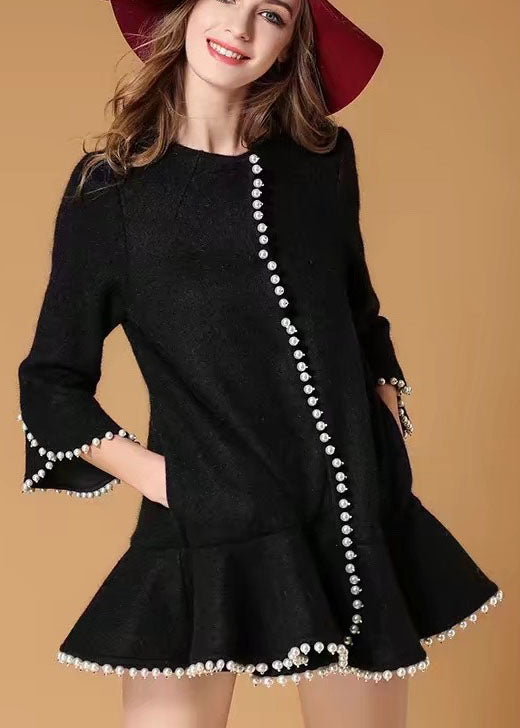 Fitted Black Ruffled Button Skinny Fall Woolen Coats