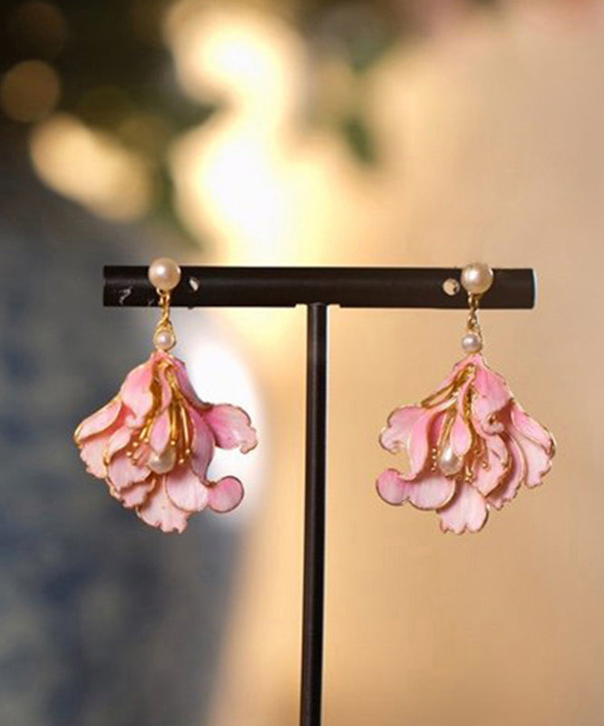 Pink Alloy Pearl Enamel Jade Orchid Drop Earrings