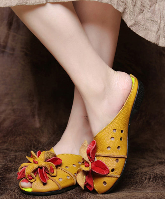 Yellow Flower Hollow Out Cowhide Leather Flip Flops