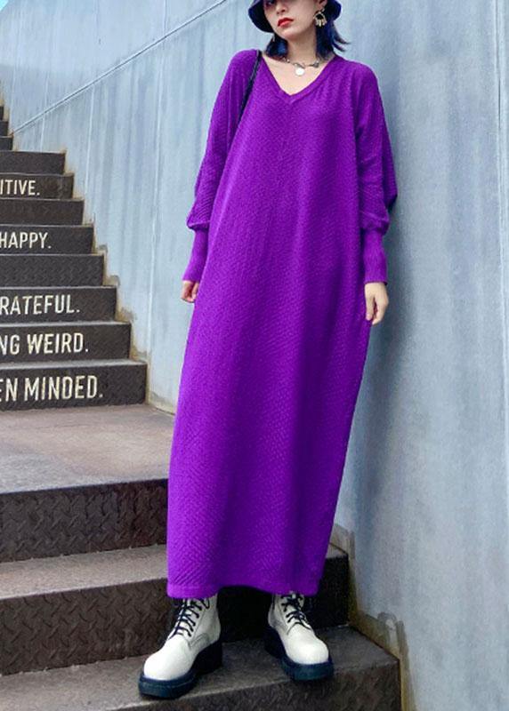 Purple V Neck Loose Fall Vacation Dresses Long Sleeve
