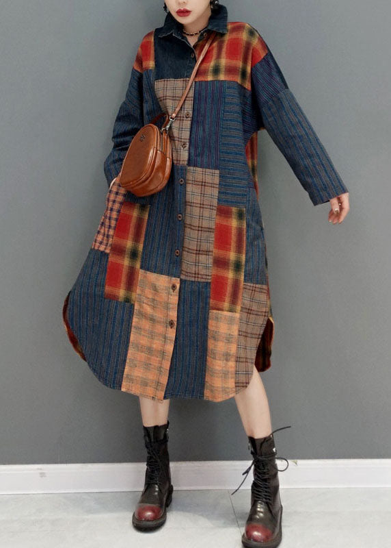 Colorblock Button Side Open Peter Pan Collar Patchwork Plaid Coats Spring