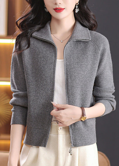 Grey Zippered Knitted Cotton Coats Long Sleeve