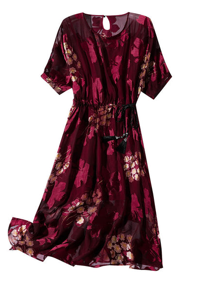 Diy Red O-neck Print Tunic Silk Maxi Dresses and Slip Dress Two Pieces Set Summer
