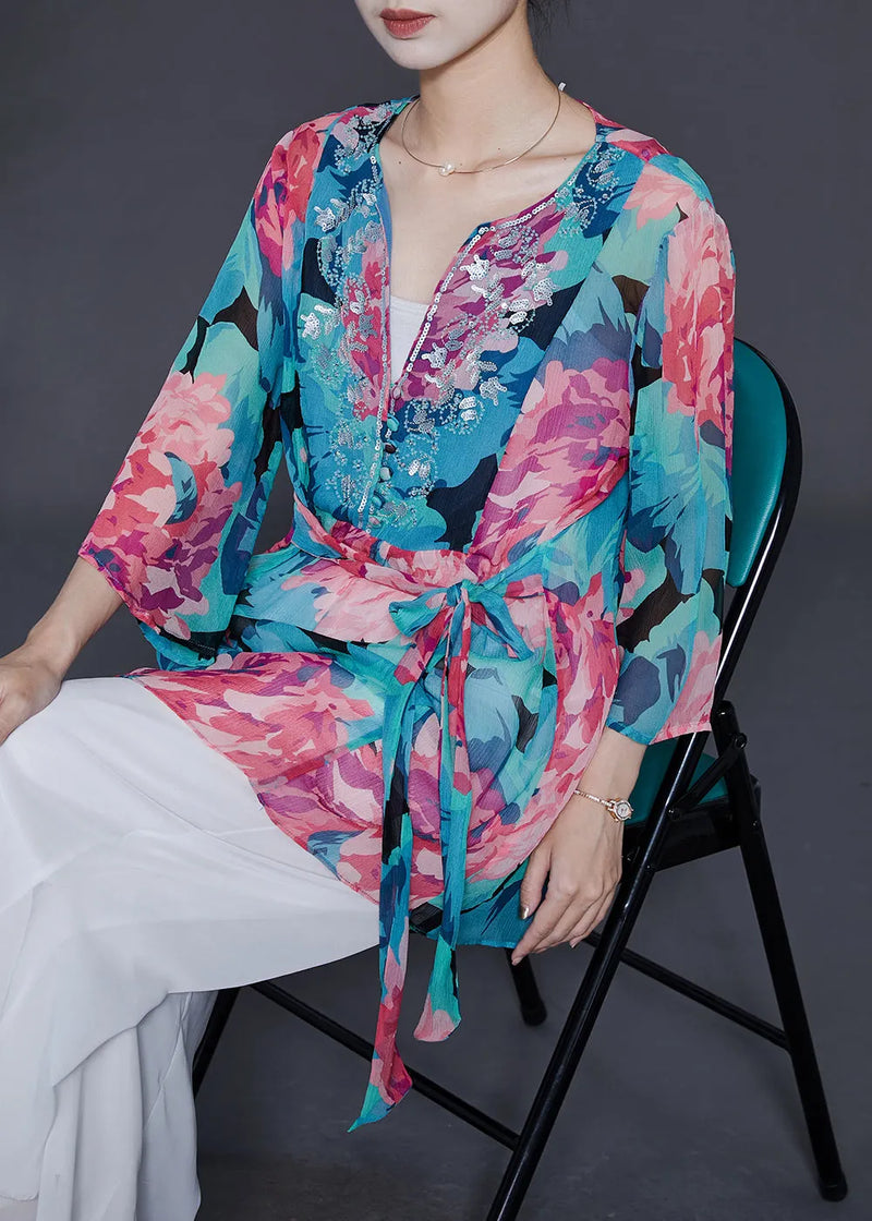 Blue Sequins Print Chiffon Shirt Top Summer
