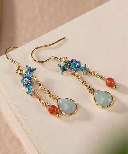 Blue Sterling Silver Gold Plated Cloisonne Jadeite Water Drop Jade Drop Earrings
