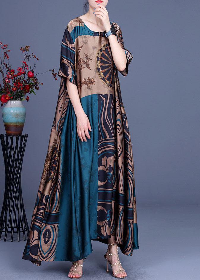 French Yellow Print Silk O-neck Summer Long Dress