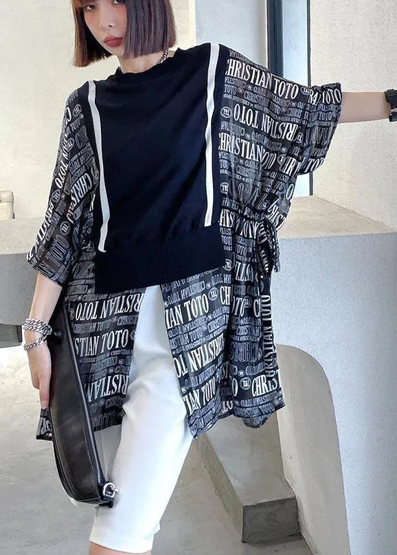 Black Patchwork Graphic Tie Waist Blouse Tops Summer