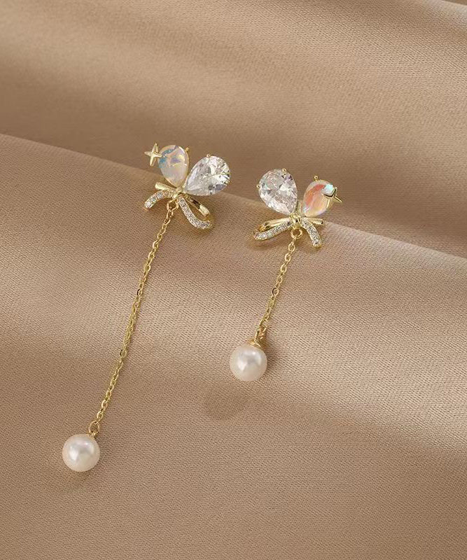 Gold Copper Overgild Asymmetrical Pearl Butterfly Tassel Drop Earrings