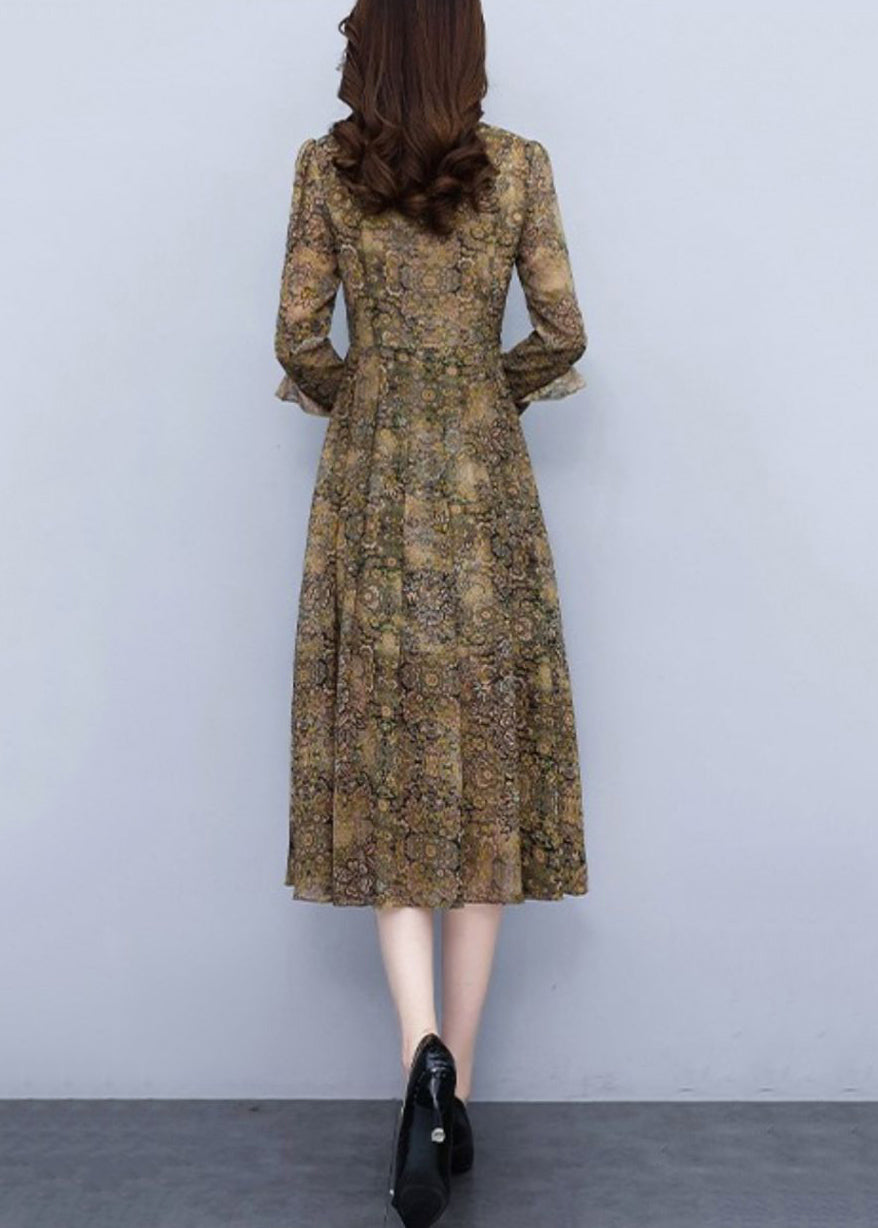 Ruffled Print High Waist Chiffon Dress Long Sleeve Fall