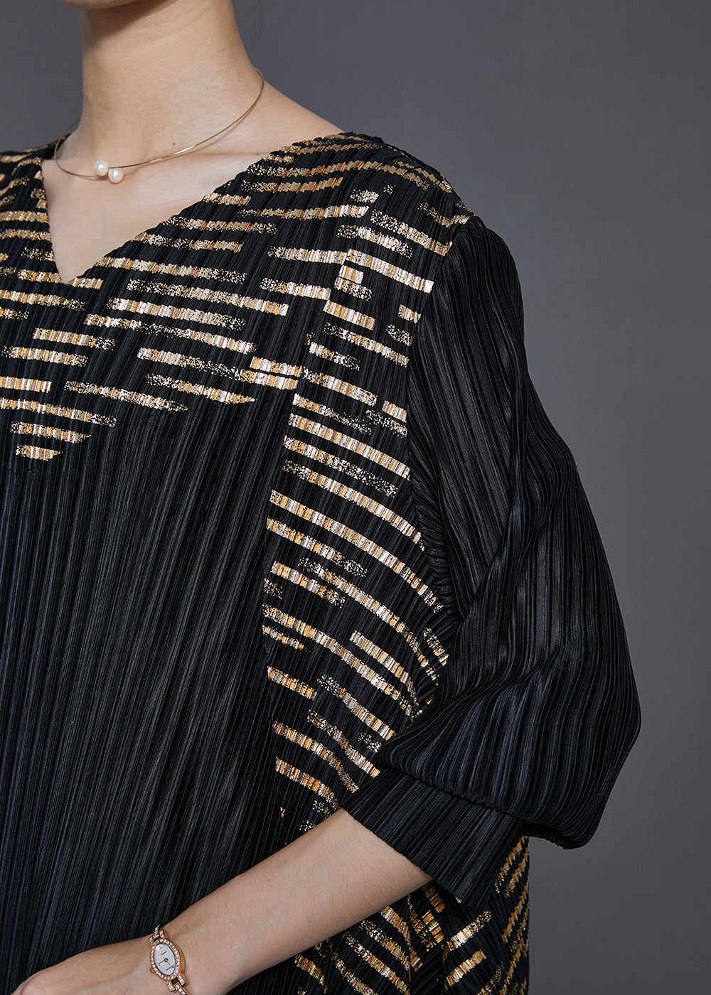 Black Oversized Print Wrinkled Silk Holiday Dresses Spring