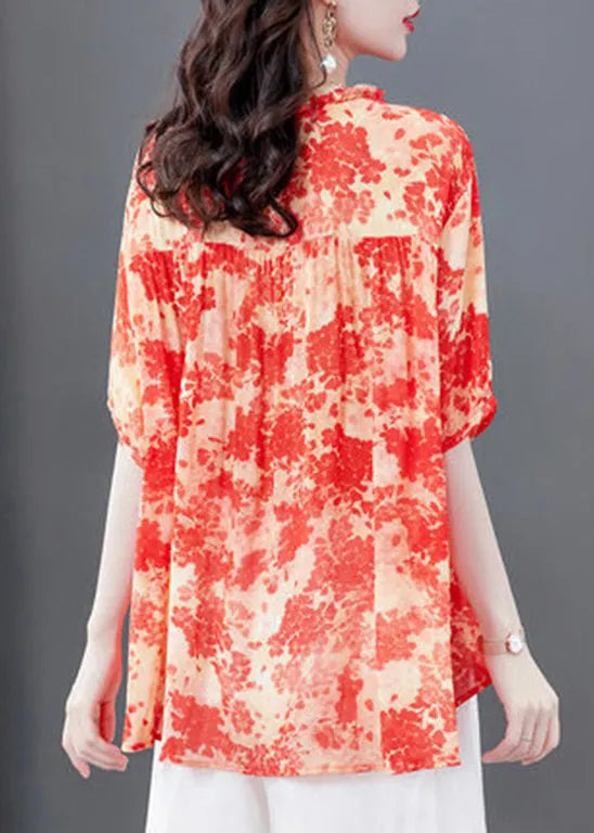 Watermelon Red O-neck Wrinkled Asymmetrical Print Chiffon Tops Short Sleeve