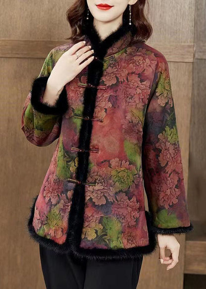 Colorblock Fur Collar Print Pockets Fleece Coat Winter